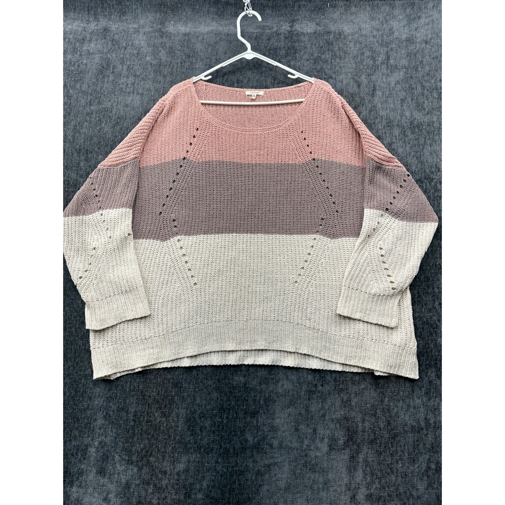 Maurices Sweater Womens 2XL Gray Pink Colorblock Open Knit Ribbed Scoop Neck